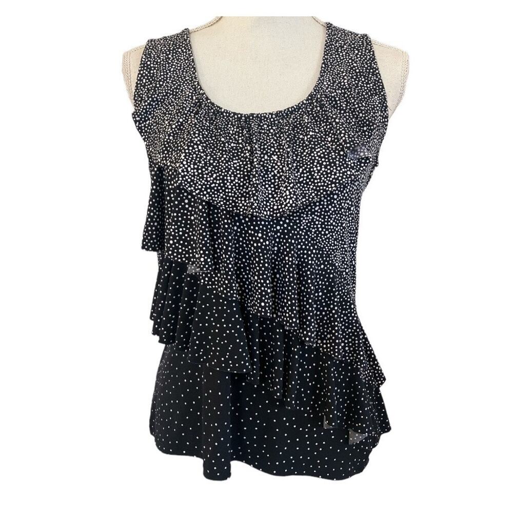 White House Black Market Black White Ruffle Polka Dot Tiered Sleeveless Blouse